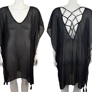Kona Sol Black Sheer Lattice Back Chiffon Kaftan Cover Up Dress w Tassels